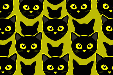 Seamless Pattern of Cute Black Cats with Bright Yellow Eyes on Yellow Background