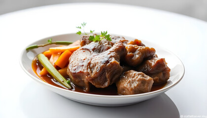 Savory beef stew preparation home kitchen food photography bright environment close-up view comfort cooking
