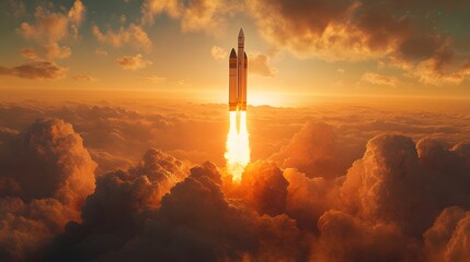 Experience the raw power of space exploration with this dynamic rocket launch. Witness the fiery ascent into a vibrant, cloud-filled sky. Astronomy and Galaxy backgrounds.