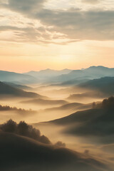 Obraz premium serene misty hills autumn morning landscape at sunrise with fog rolling mountains and soft golden light