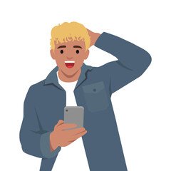Cheerful young man with blond hair reacts with excitement while checking his smartphone. Flat vector illustration isolated on white background