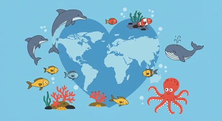 Obraz premium Whimsical Illustration of Ocean Life and a World Map Heart Shape