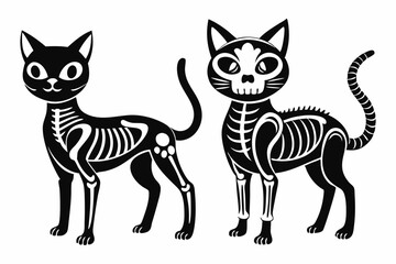 Two Cute Halloween Black Cats with Visible Skeletons