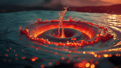 Fiery Waters' Embrace: A mesmerizing, surreal spectacle unfolds as a whirlpool of water ignites with fiery embers, creating an arresting and dynamic image of elemental fusion.