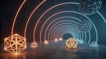 Glowing lines and geometric figures with dark back.