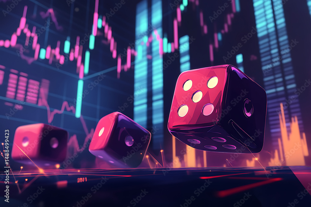 Poster colorful dice floating above a digital stock market graph with vibrant trading data visuals