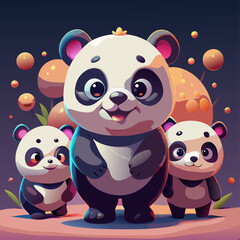 Adorable Panda Family Portrait Cartoon Illustration