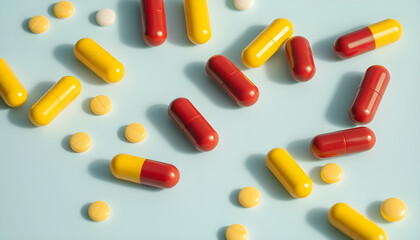 Pharmaceutical capsules on blue surface pharmaceutical products studio environment close-up view health and wellness