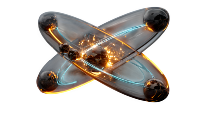 A glowing 3D atom icon with orbiting electrons, representing science and innovation, placed on white --ar 16:9 --v 7.0 --s 750