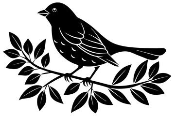 Silhouette of a Bird Perched on a Branch with Leaves