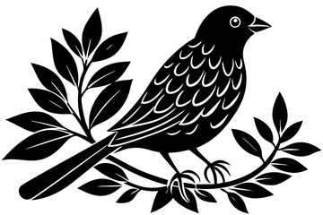 Stylized Black Bird on Branch with Leaves