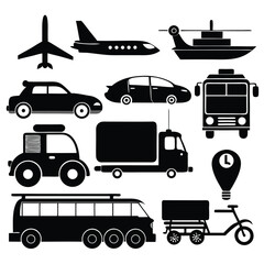 a comprehensive collection of simple black silhouettes representing various types of vehicles on white background