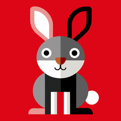 Geometric Grey and Black Rabbit on Red Background Illustration