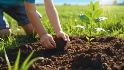 Child planting a seedling in the earth on a sunny day