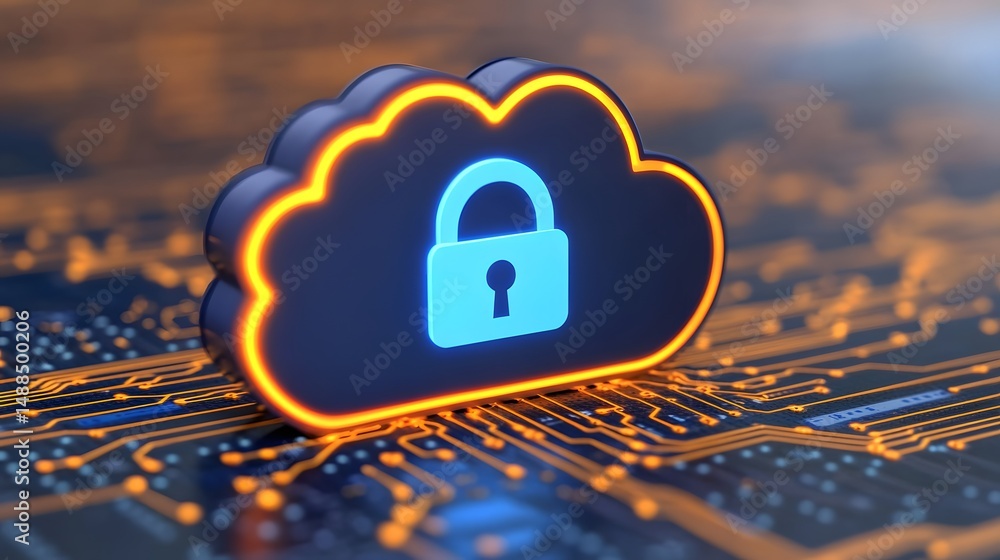Poster cloud-shaped lock icon on a digital circuit board, symbolizing cloud security and data protection in