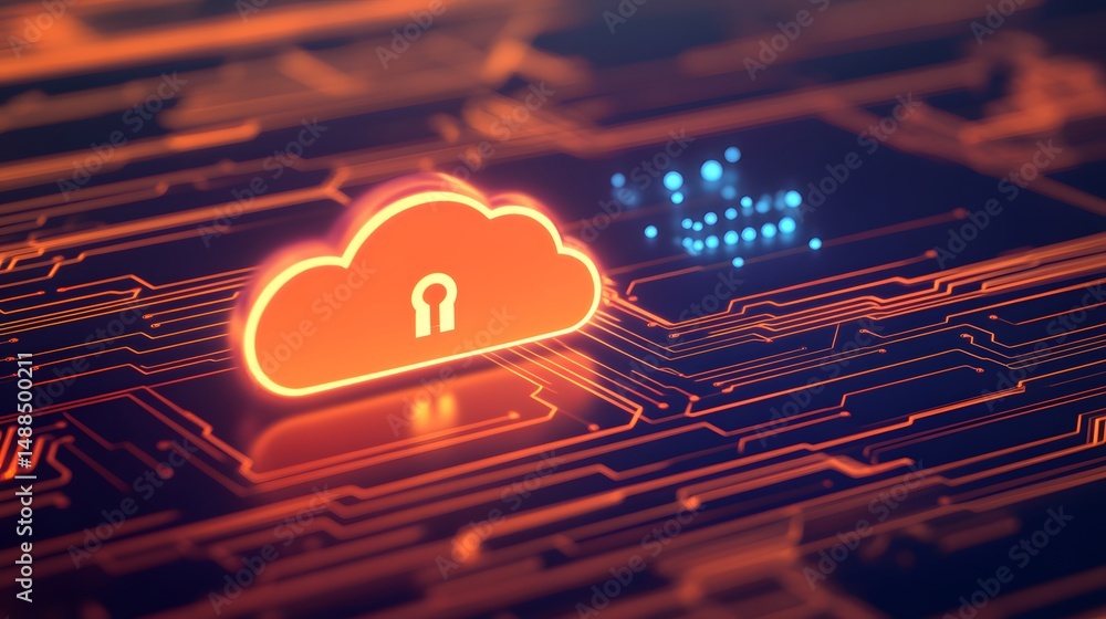 Poster a glowing cloud with a keyhole symbolizes cloud security on a digital circuit board background.