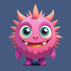 Cute Pink Cartoon Monster with Spiky Hair and Big Eyes