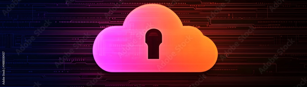 Poster a glowing cloud icon with a keyhole symbolizes secure cloud storage and cybersecurity on a digital b