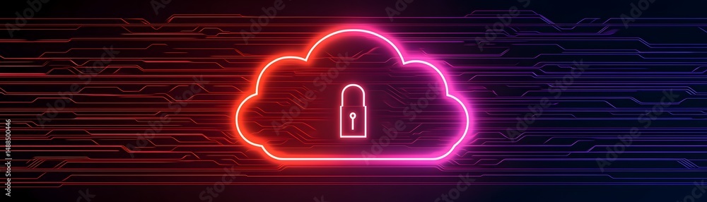 Poster a glowing neon cloud with a padlock symbolizes cloud security and data protection in a digital netwo