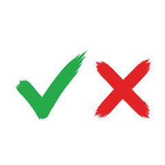 Tick and cross brush signs. Green checkmark OK and red X icons, isolated on white background. Symbols YES and NO button for vote, decision, web. Right and wrong. 
