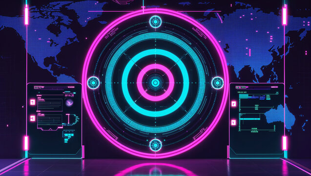 Futuristic control panel interface with neon lights and global map display in digital space
