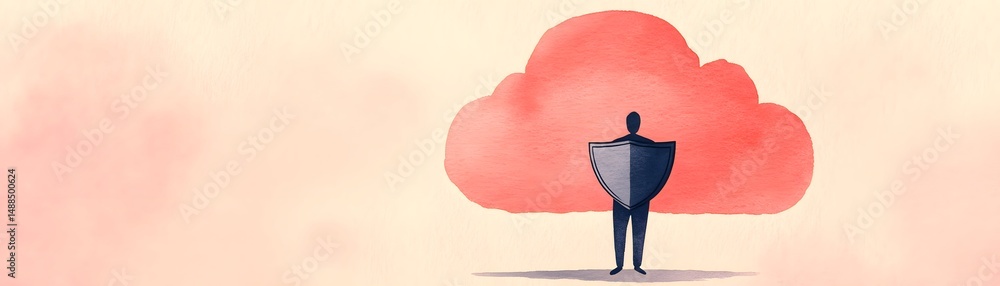 Poster a person stands with a shield in front of a red cloud, symbolizing cloud security and data protectio
