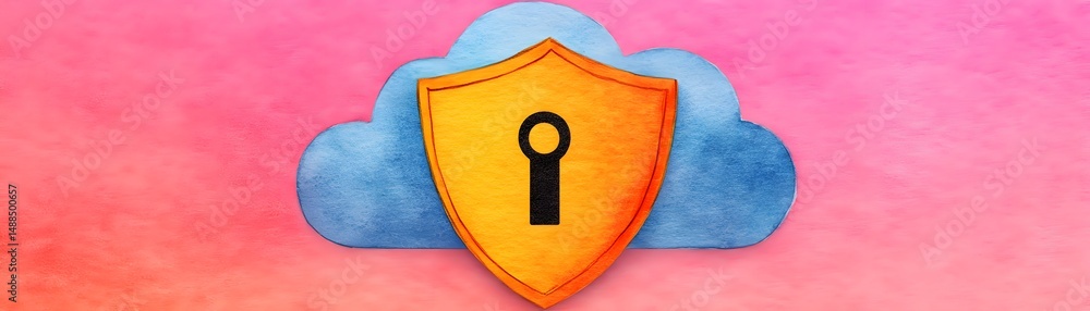 Poster a shield with a keyhole sits in front of a blue cloud, symbolizing cloud security on a pink and oran