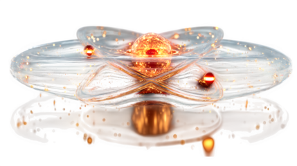 A glowing 3D atom icon with orbiting electrons, symbolizing science and innovation, isolated on white --ar 16:9 --v 7.0 --s 750