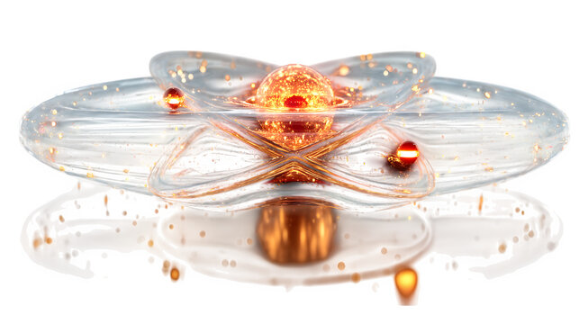 A glowing 3D atom icon with orbiting electrons, symbolizing science and innovation, isolated on white --ar 16:9 --v 7.0 --s 750