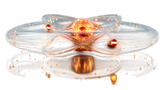 A glowing 3D atom icon with orbiting electrons, symbolizing science and innovation, isolated on white --ar 16:9 --v 7.0 --s 750