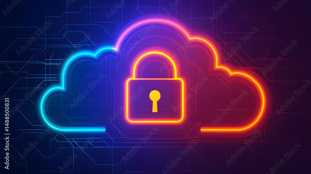 Poster a glowing cloud with a padlock symbolizing secure cloud storage and data protection on a digital bac
