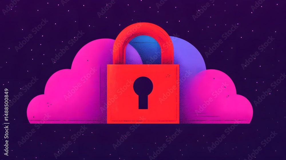 Poster a red padlock over colorful clouds symbolizes secure cloud storage and data protection in a digital 