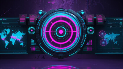 Futuristic cyberpunk interface with neon rings displaying global data and scientific information