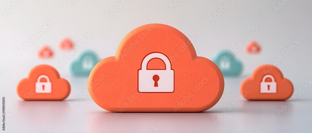Poster image orange cloud icons with padlocks symbolize cloud security and data protection on a light backg