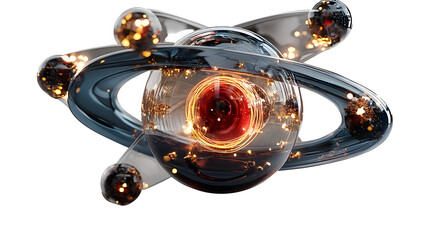 A glowing 3D atom icon with orbiting electrons, representing science and discovery, set against white --ar 16:9 --v 7.0 --s 750