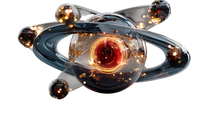 A glowing 3D atom icon with orbiting electrons, representing science and discovery, set against white --ar 16:9 --v 7.0 --s 750