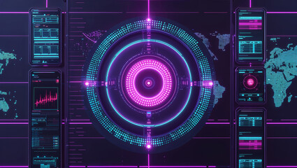 Futuristic digital interface showcasing technological advancements in data processing and global monitoring systems