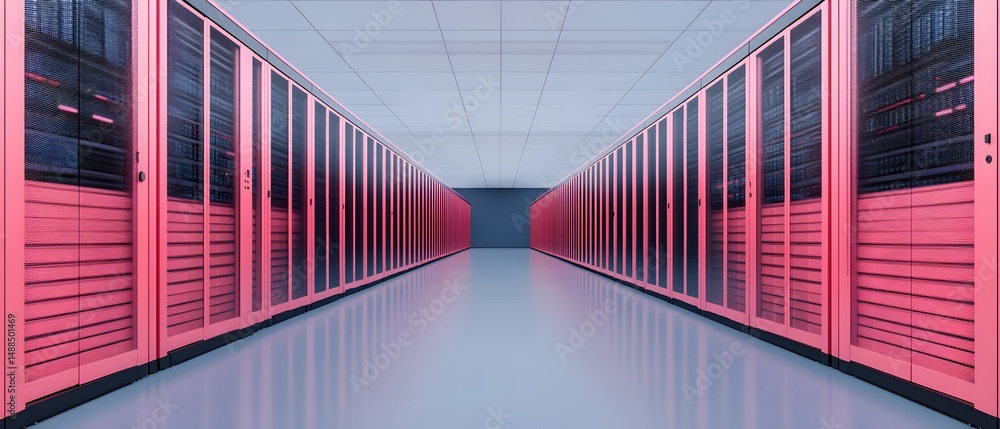 Aufkleber a modern data center corridor with rows of pink-lit server racks on both sides and a reflective floo