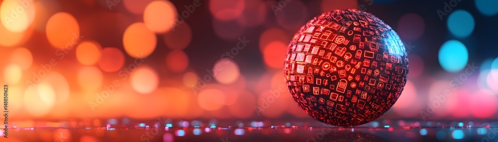 Poster a digital sphere covered in icons sits on a reflective surface with colorful bokeh lights in the bac