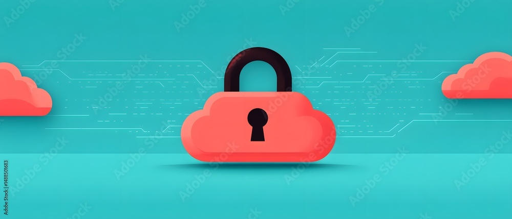 Poster a red cloud-shaped lock symbolizes cloud security and data protection in a digital environment.