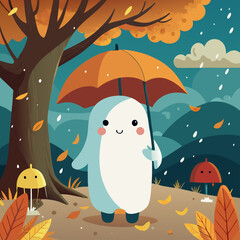 Cute Ghost Character Under Autumn Umbrella in Fall Landscape