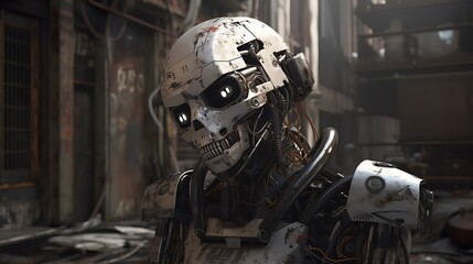 Fototapeta premium Damaged Robot in Urban Ruins.