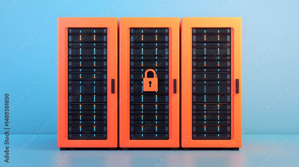 Poster three orange server racks with a security lock icon, symbolizing data protection and cybersecurity, 