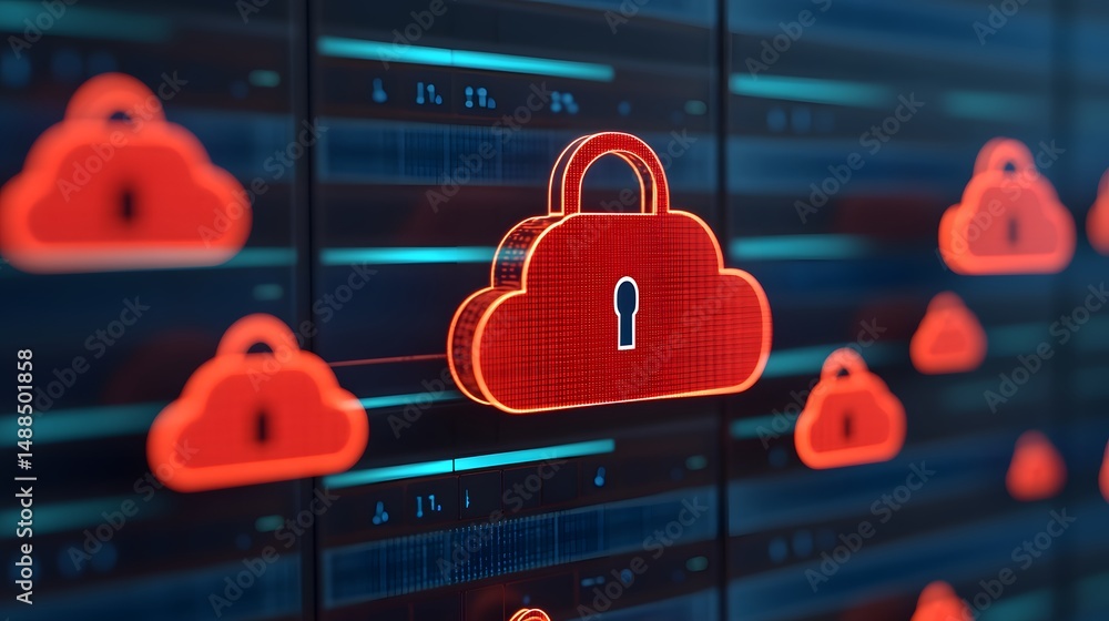 Poster a glowing red cloud icon with a padlock signifies cloud data security against a digital background.