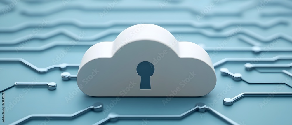 Aufkleber a white cloud with a keyhole symbolizing cloud security rests on a digital circuit board background.