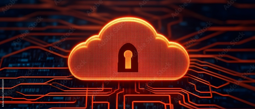 Poster a glowing cloud icon with a keyhole symbolizes cloud security and data protection on a digital circu