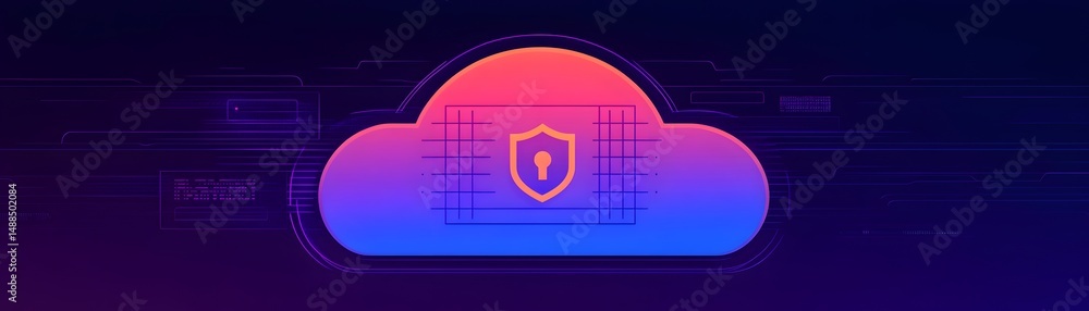 Poster a colorful cloud icon with a security shield and keyhole, symbolizing cloud data protection and cybe