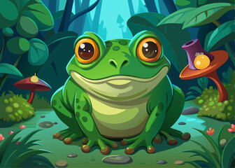 Happy Green Frog Sitting in a Magical Forest