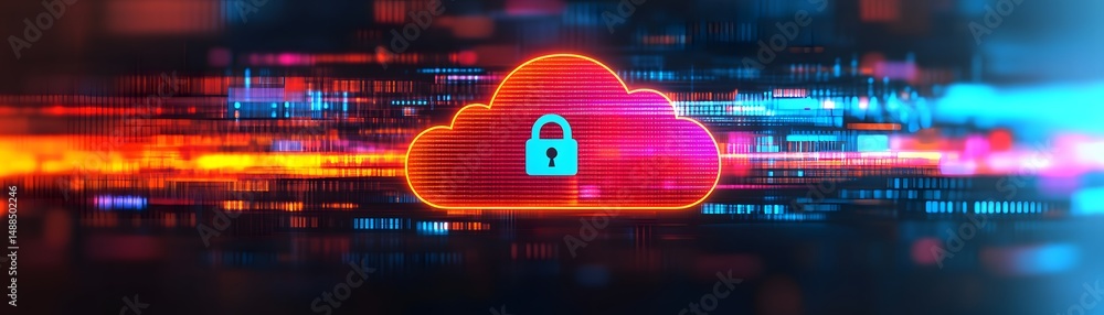 Poster a glowing cloud with a padlock symbolizes secure cloud data, surrounded by digital code in a vibrant