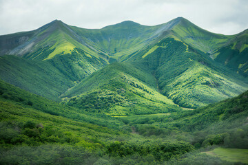 Lush Green Mountainscape with Rolling Hills and Verdant Forests Under a Cloudy Sky